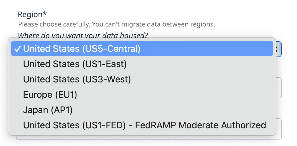 Datadog signup region picker